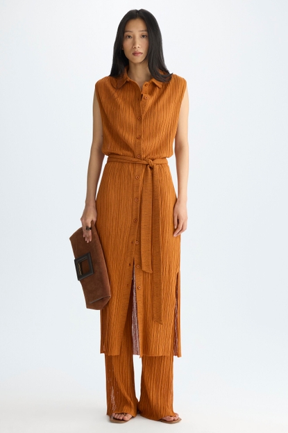 SLEEVELESS PLEATED JERSEY MIDI SHIRT DRESS