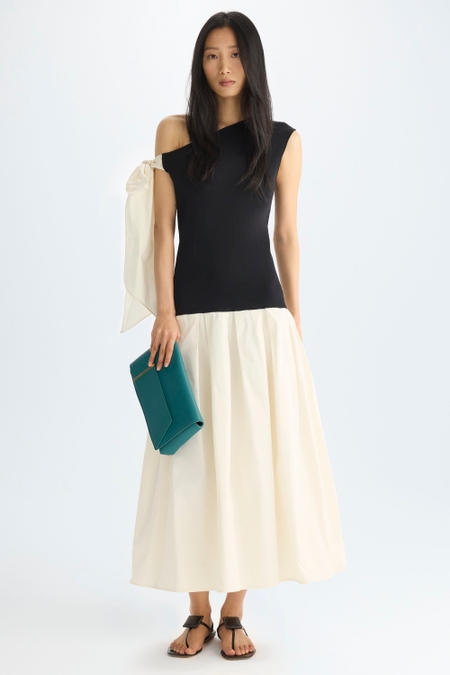 VESTIDO MIDI ASIMÉTRICO PUNTO STRETCH TAFETA