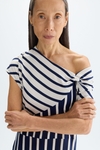 Striped stretch-knit asymmetric midi dress