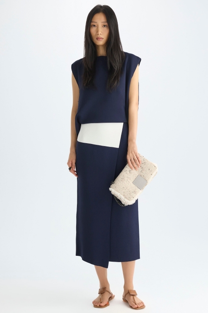 DOUBLE-LAYERED STRETCH-KNIT MIDI DRESS