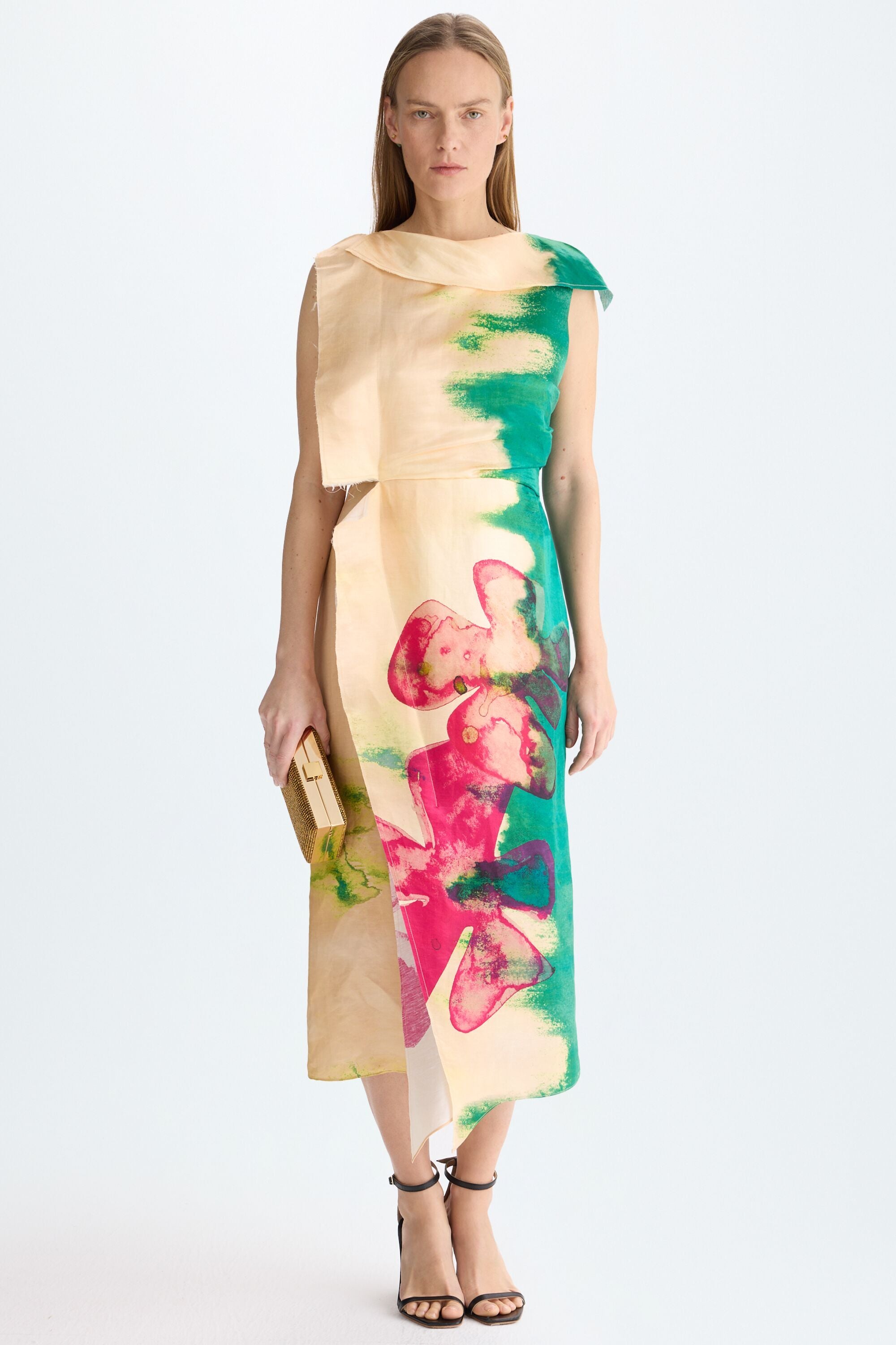 LAGENARIA BEIGE SILK PENCIL DRESS WITH CRYSTAL EMBROIDERY
