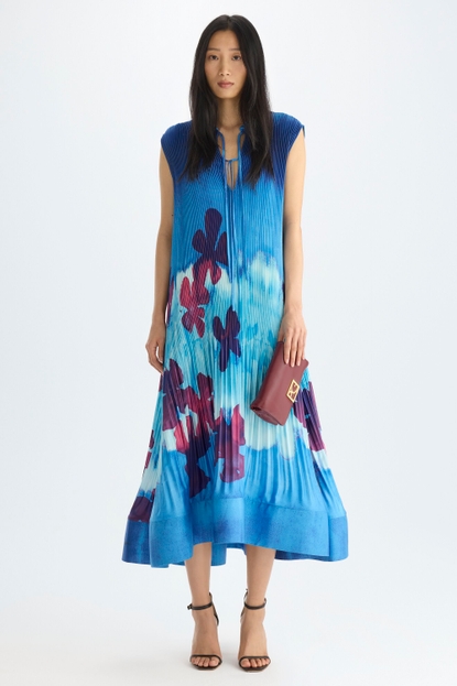 PRINT MICRO-PLEATED TWILL MIDI DRESS