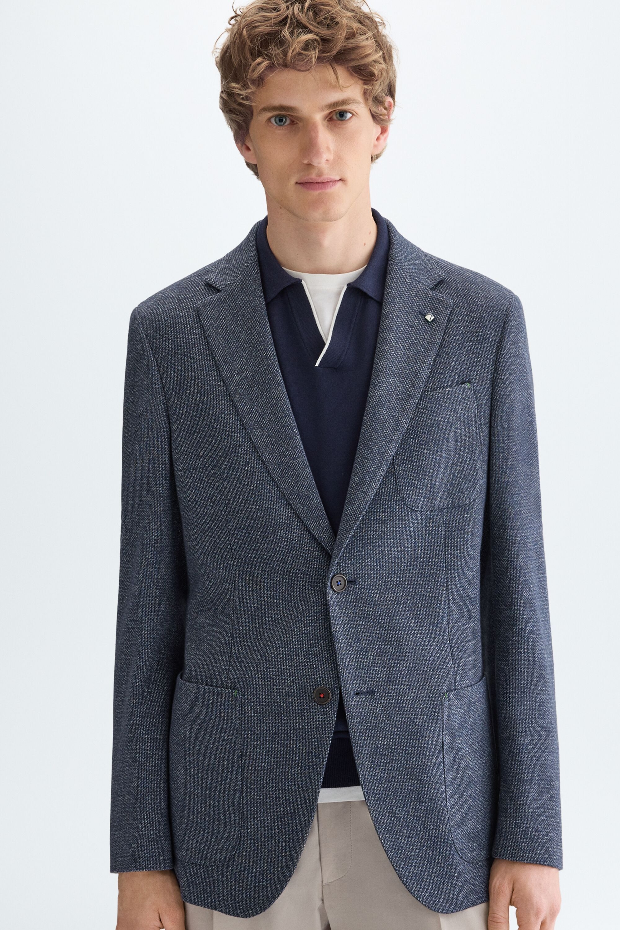 Cotton mottled zig-zag weave relaxed fit blazer