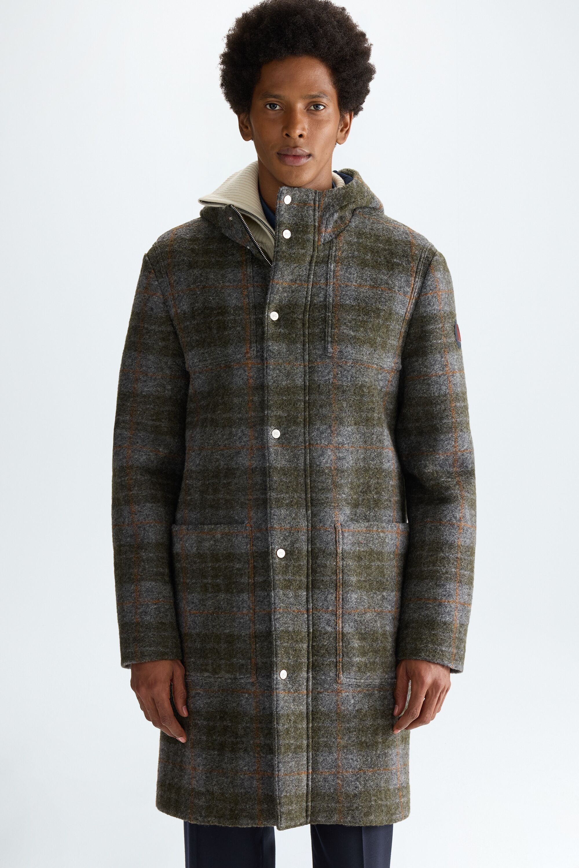 Hooded chequered wool neoprene coat