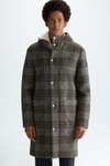 Hooded chequered wool neoprene coat