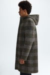 Hooded chequered wool neoprene coat