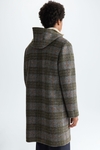Hooded chequered wool neoprene coat