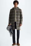 Hooded chequered wool neoprene coat