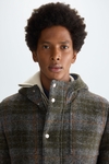 Hooded chequered wool neoprene coat