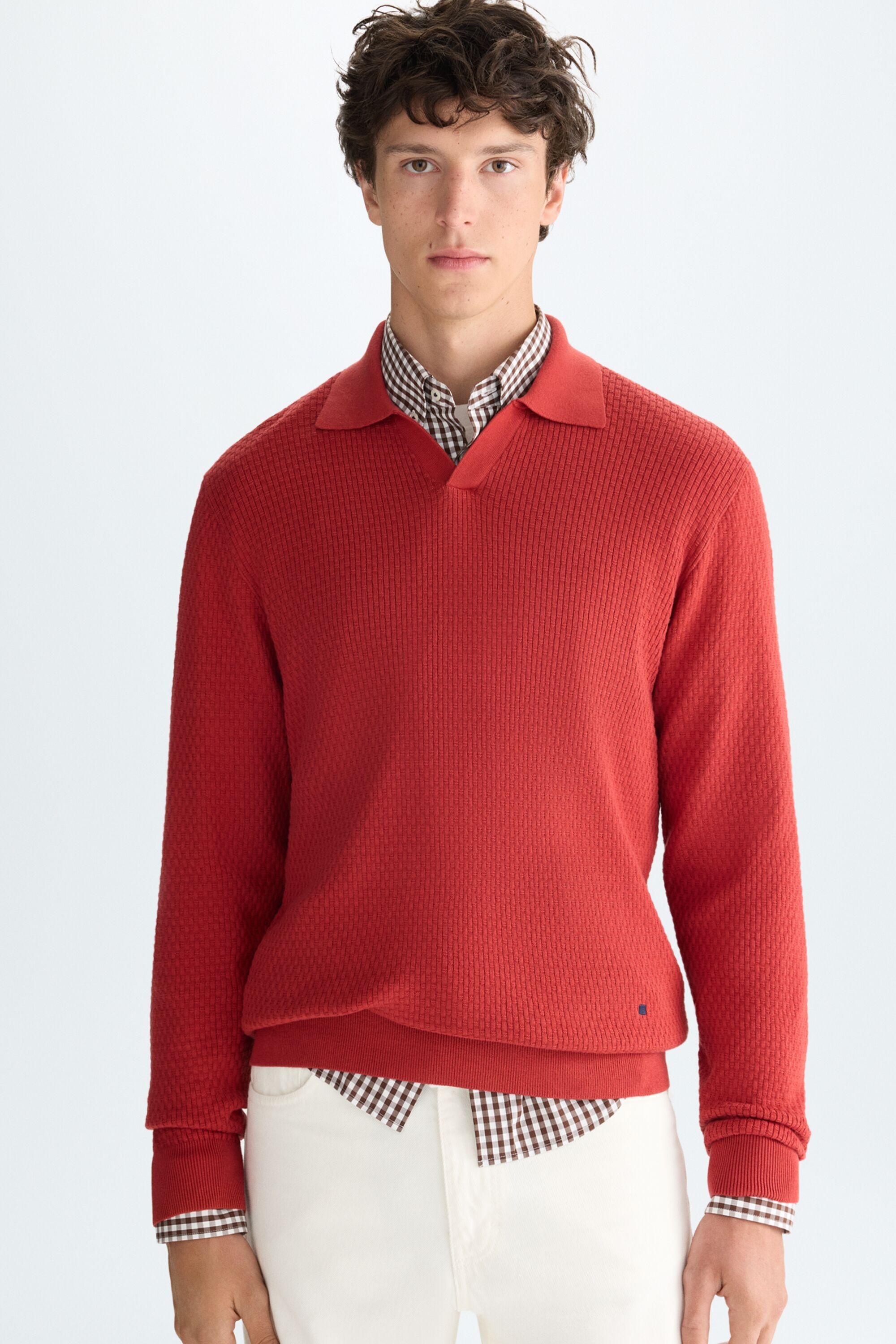 Polo collar textured pima cotton sweater