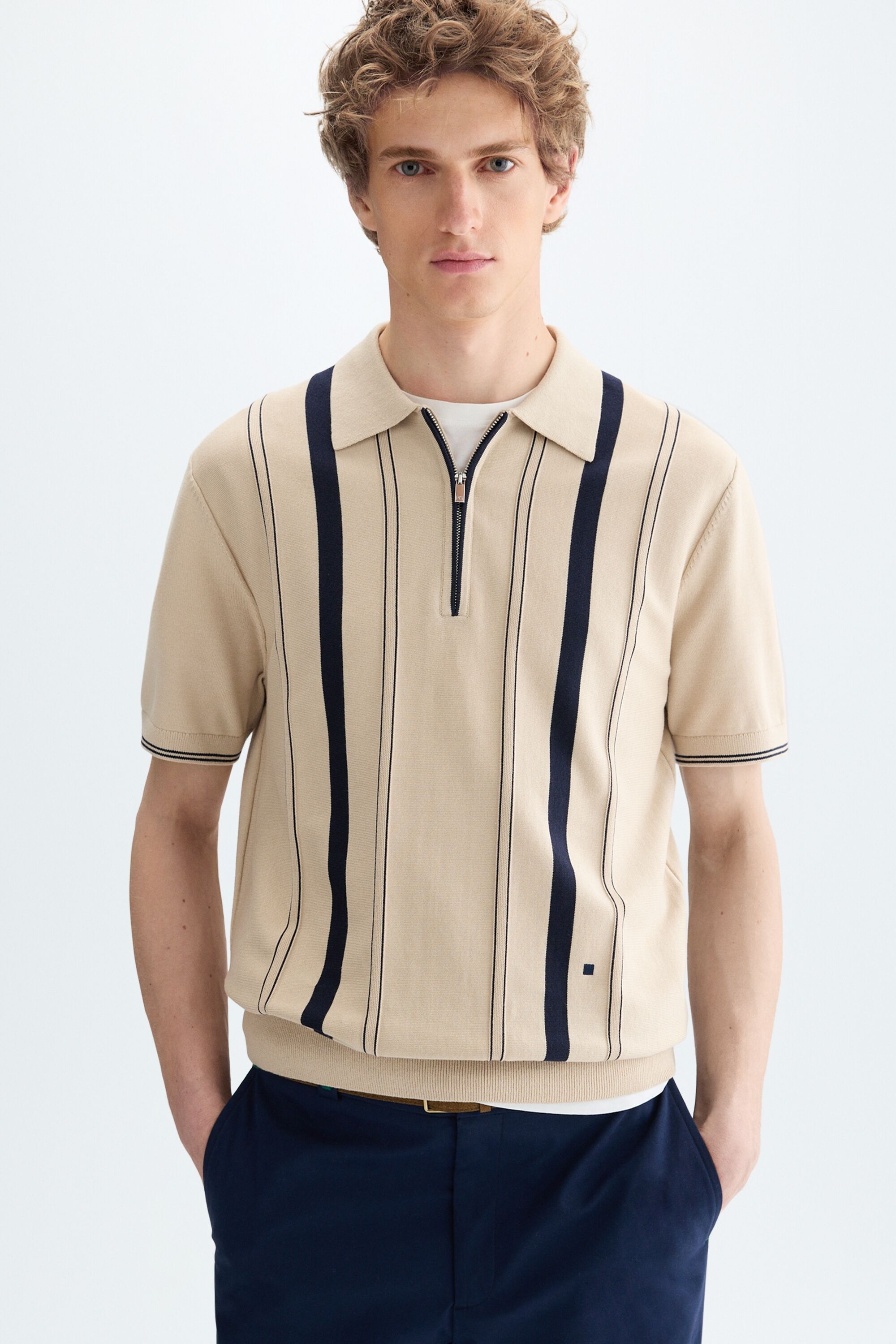 Striped knit half-zip polo shirt