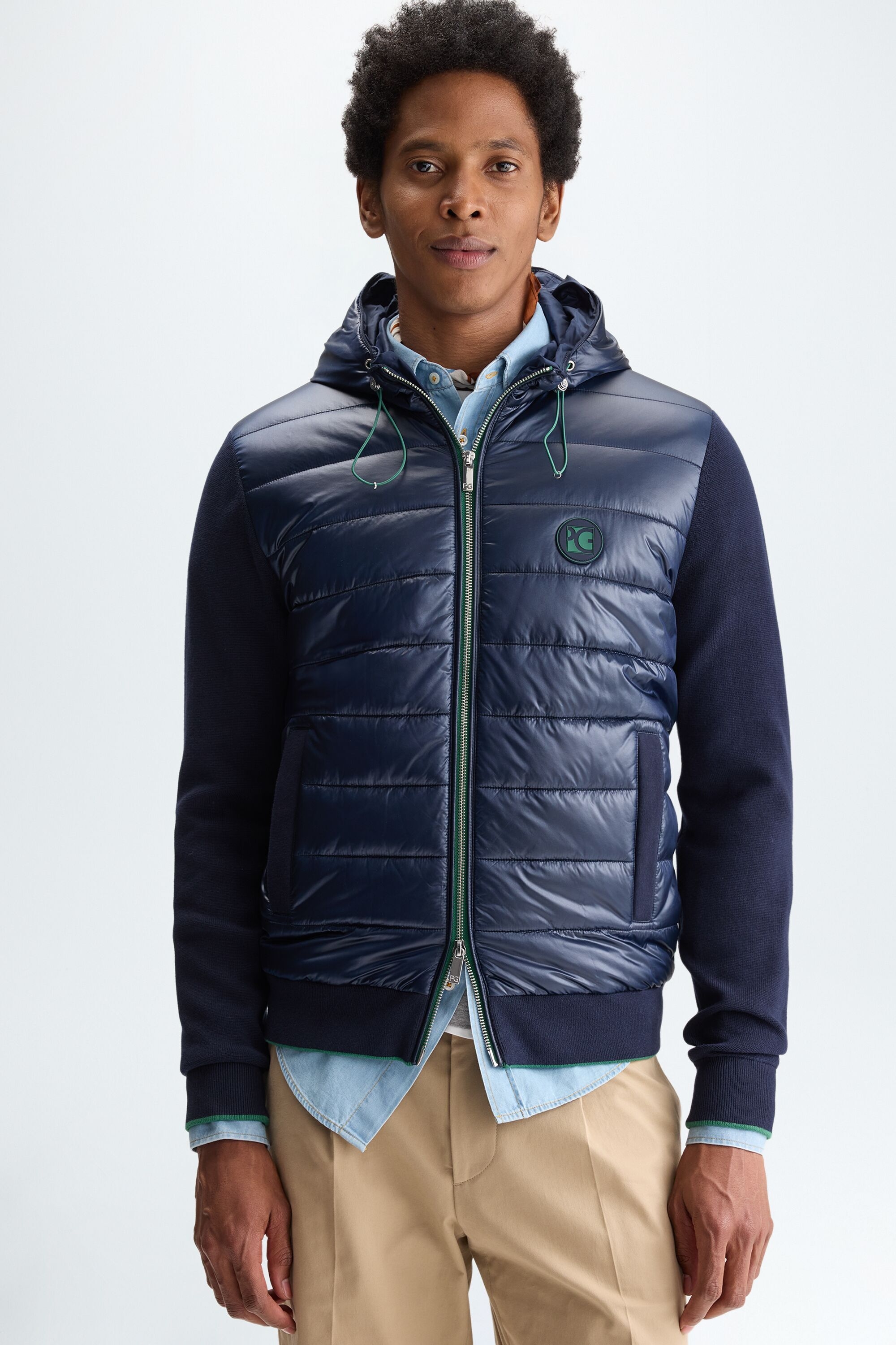 Hooded quilted nylon knit cardigan