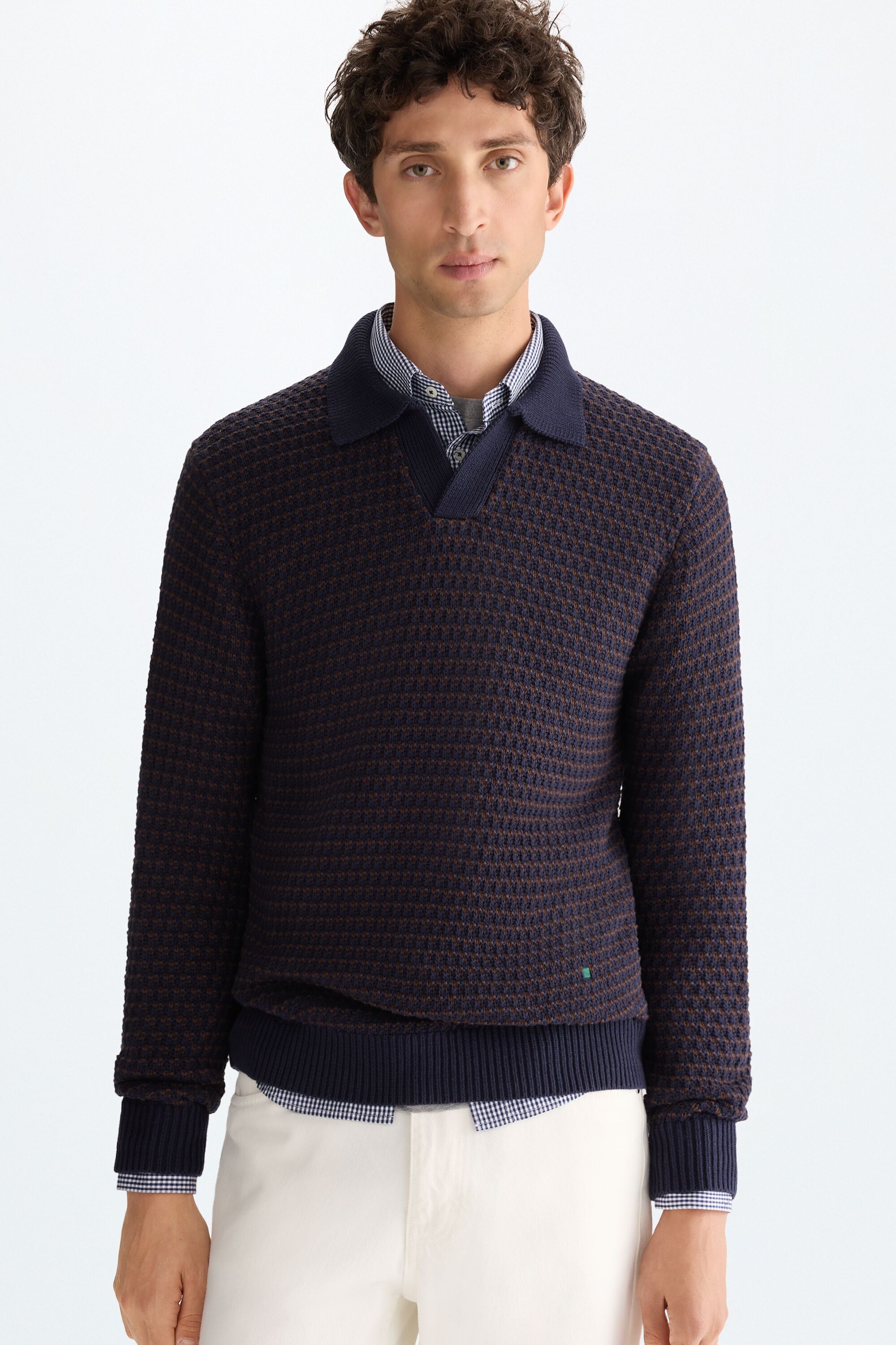 Polo collar cotton textured sweater