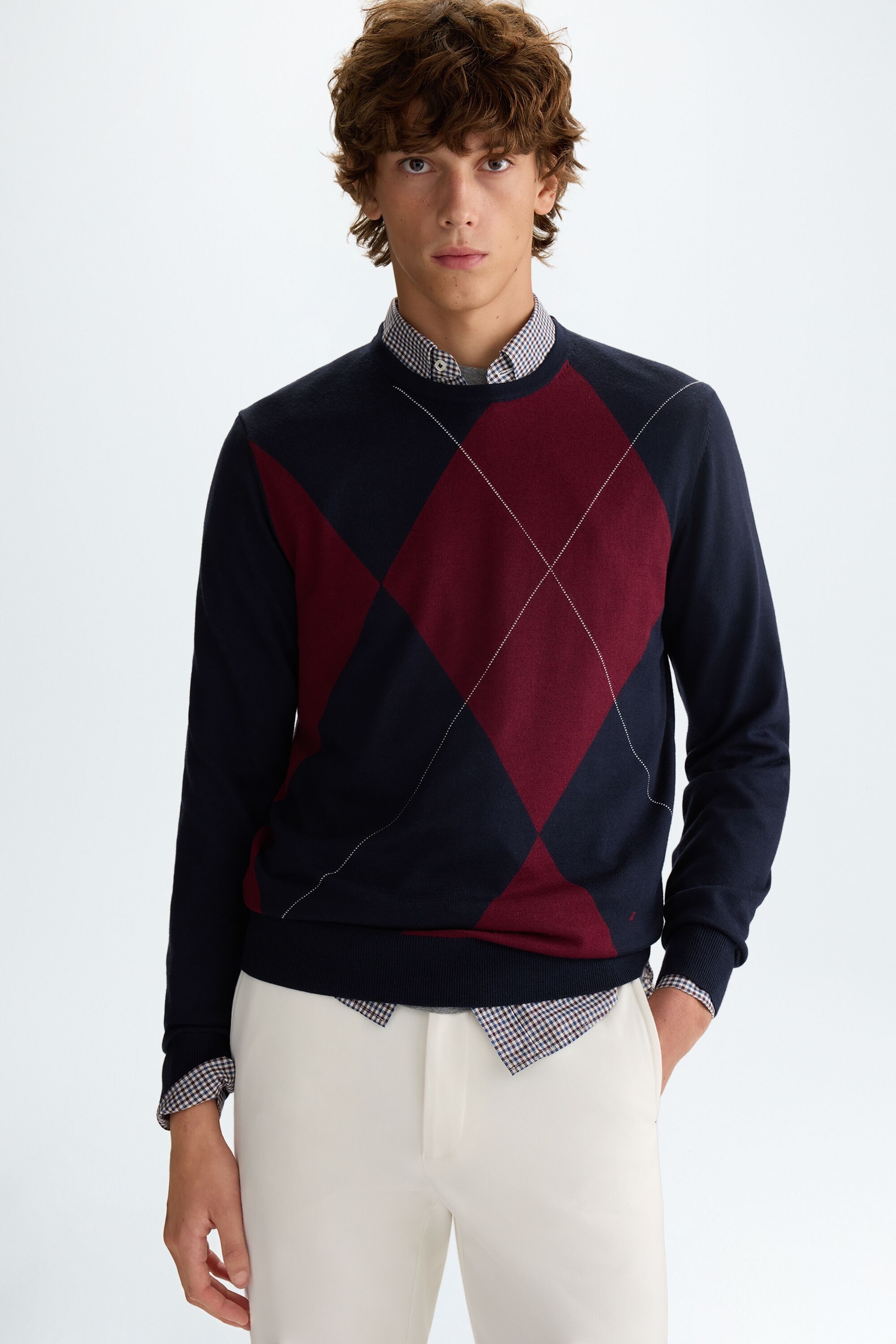 Diamond intarsia pima cotton merino wool sweater