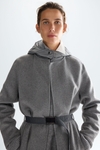 Detachable hood double-faced wool midi coat