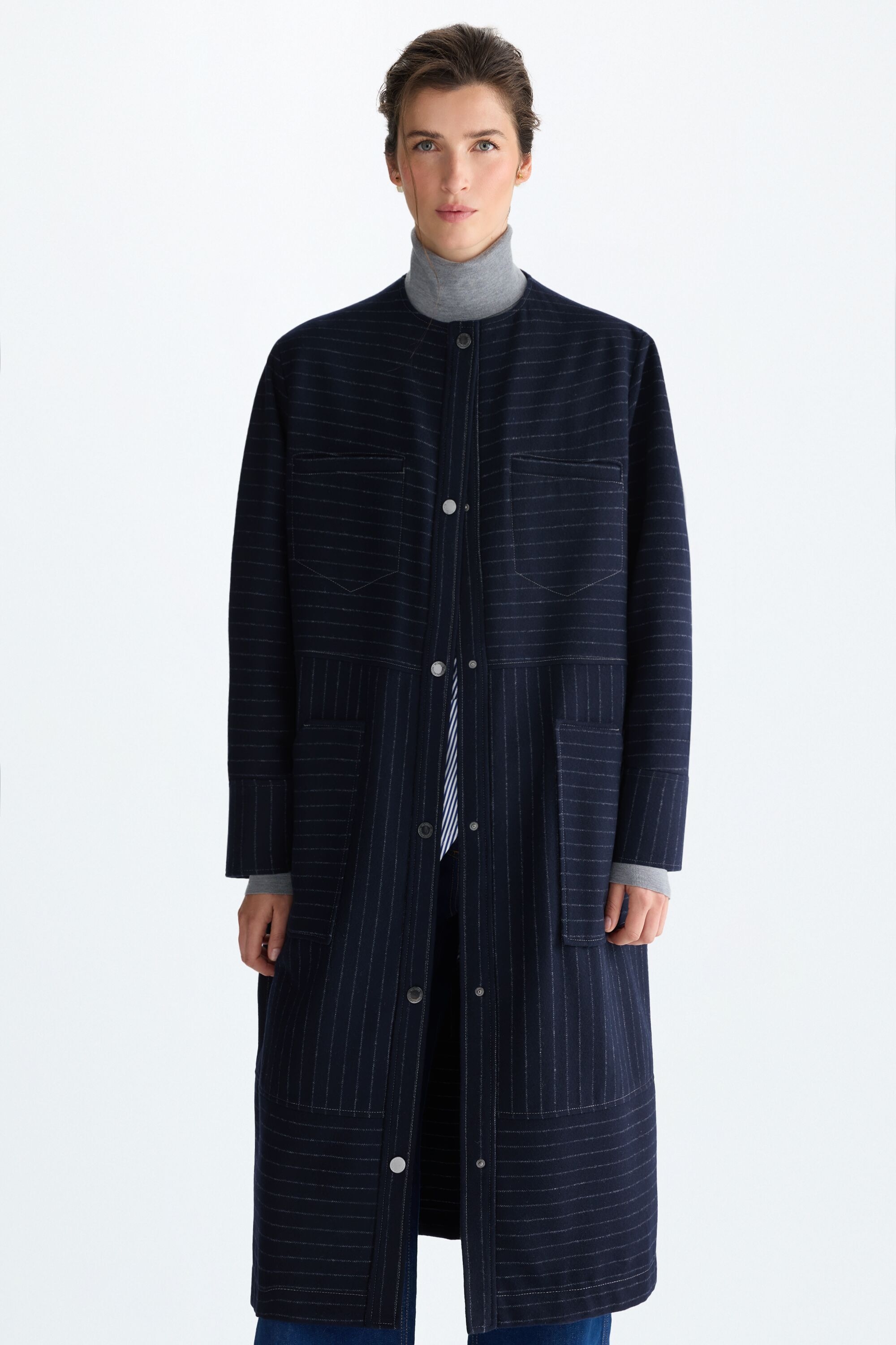 Pinstriped wool midi dust coat
