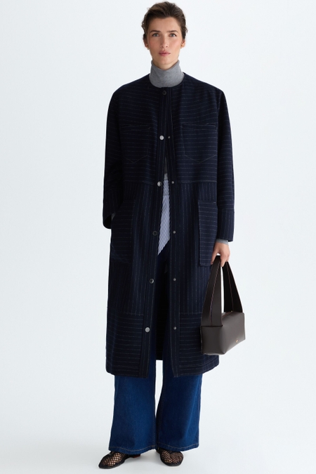 PINSTRIPED WOOL MIDI DUST COAT
