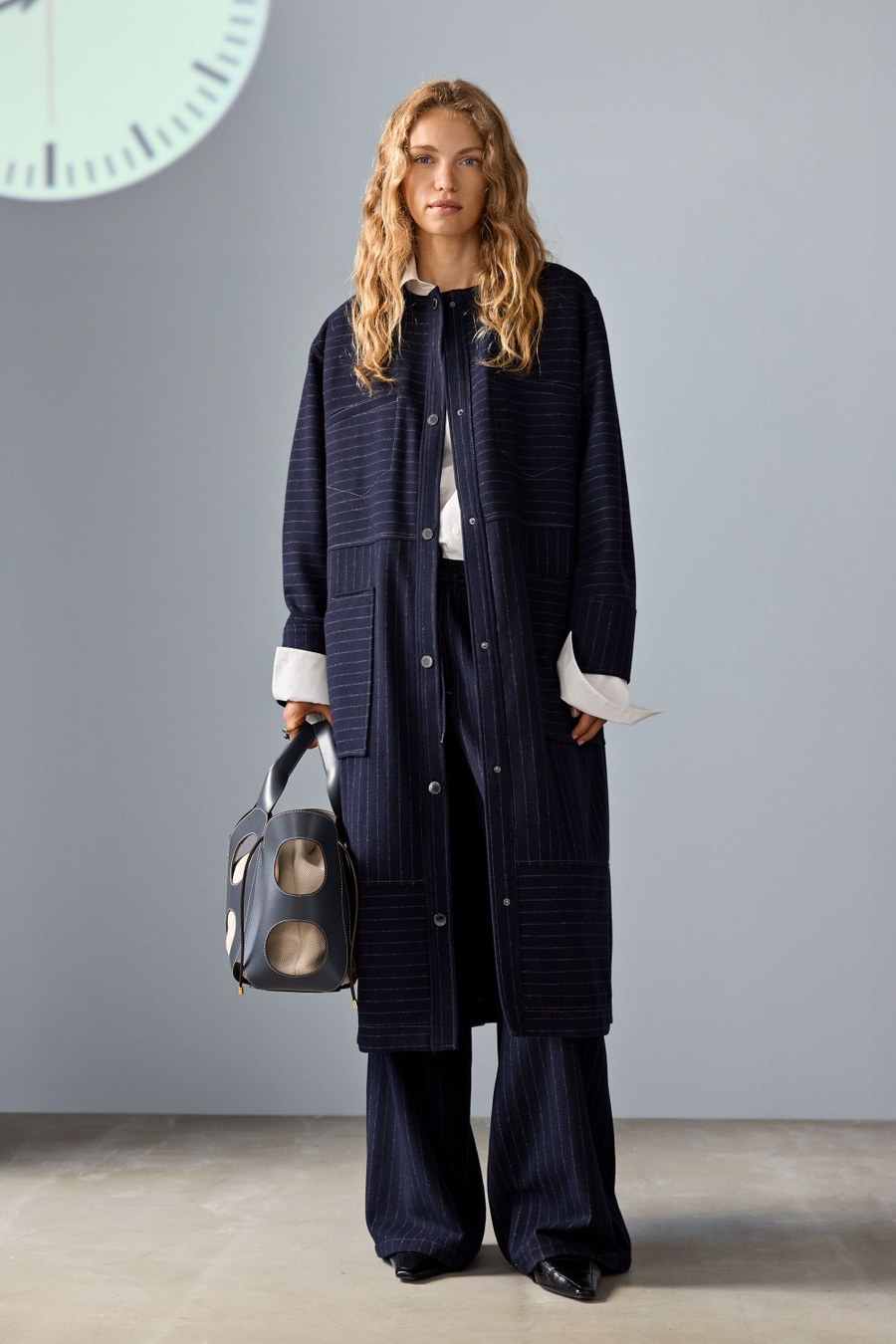 PINSTRIPED WOOL MIDI DUST COAT