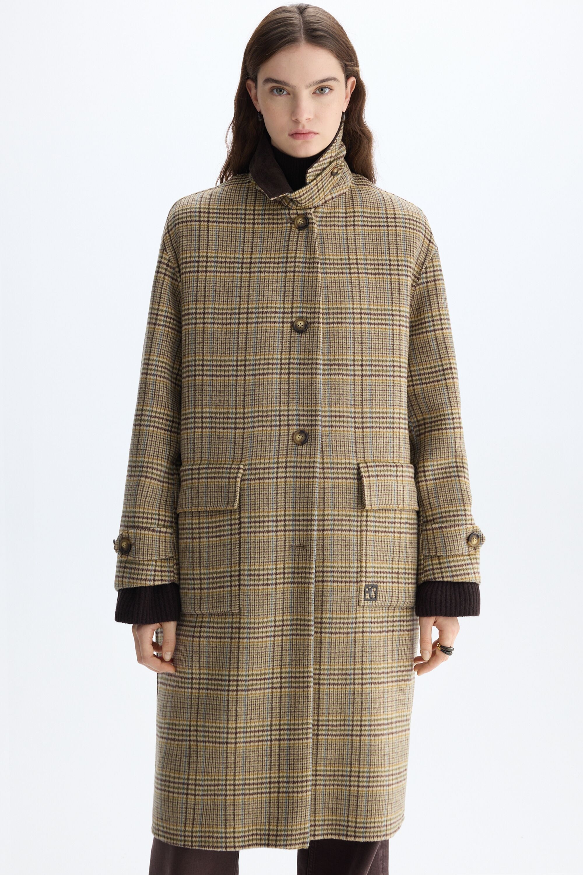 Detachable gilet Harris checks double-faced wool coat