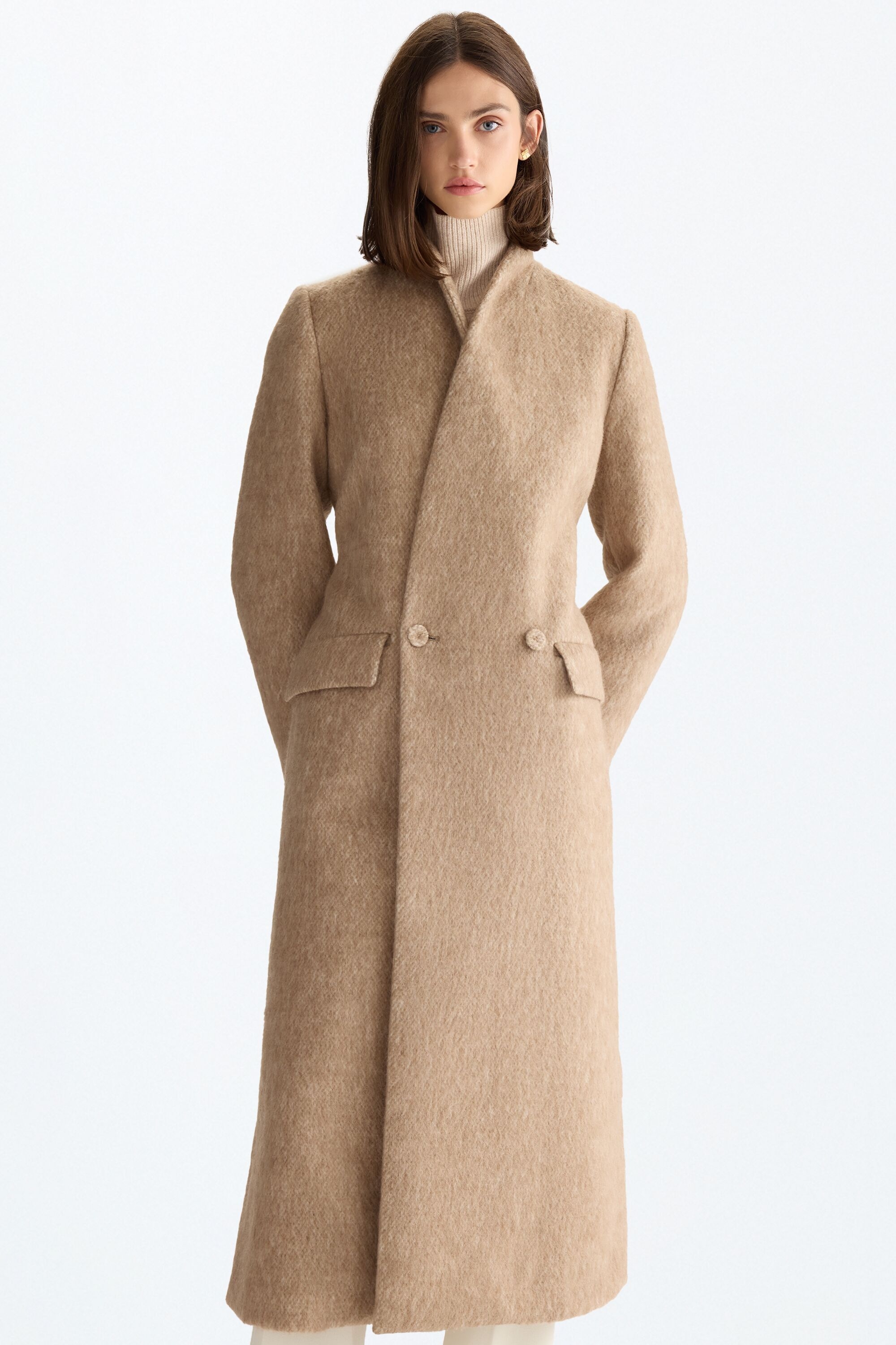 Brushed wool fitted long coat