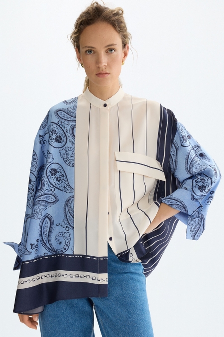 DENIM PATCHWORK PRINT TWILL A-LINE SHIRT