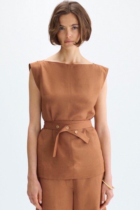 LINEN STRAIGHT-FIT TOP WITH BELT