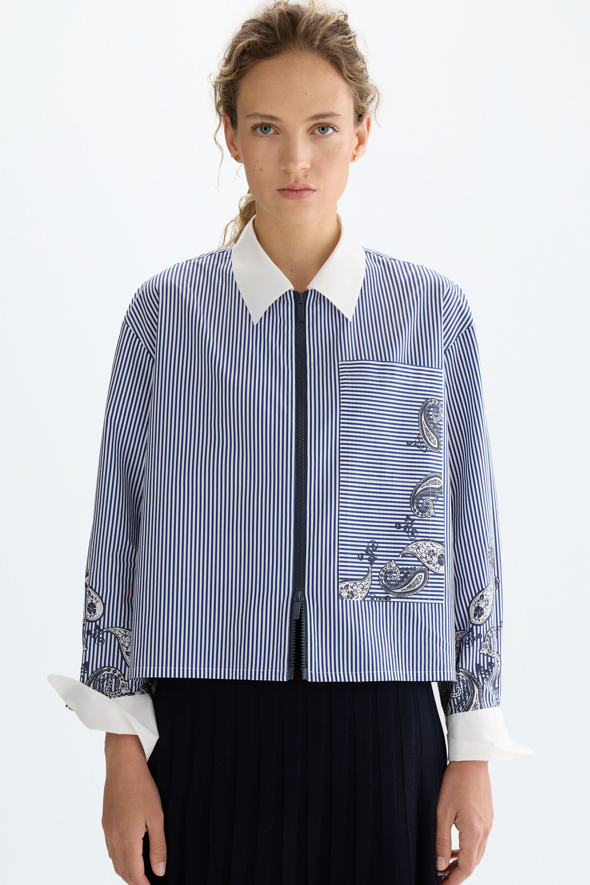 Striped print cotton A-line shirt