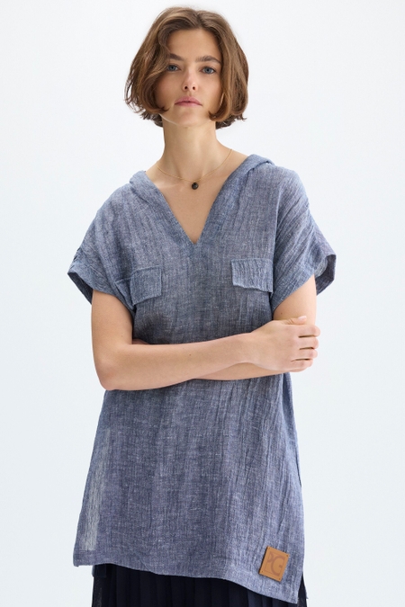 HOODED CRINKLE LINEN STRAIGHT-FIT LONG TOP