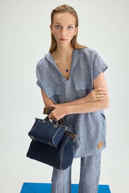 HOODED CRINKLE LINEN STRAIGHT-FIT LONG TOP