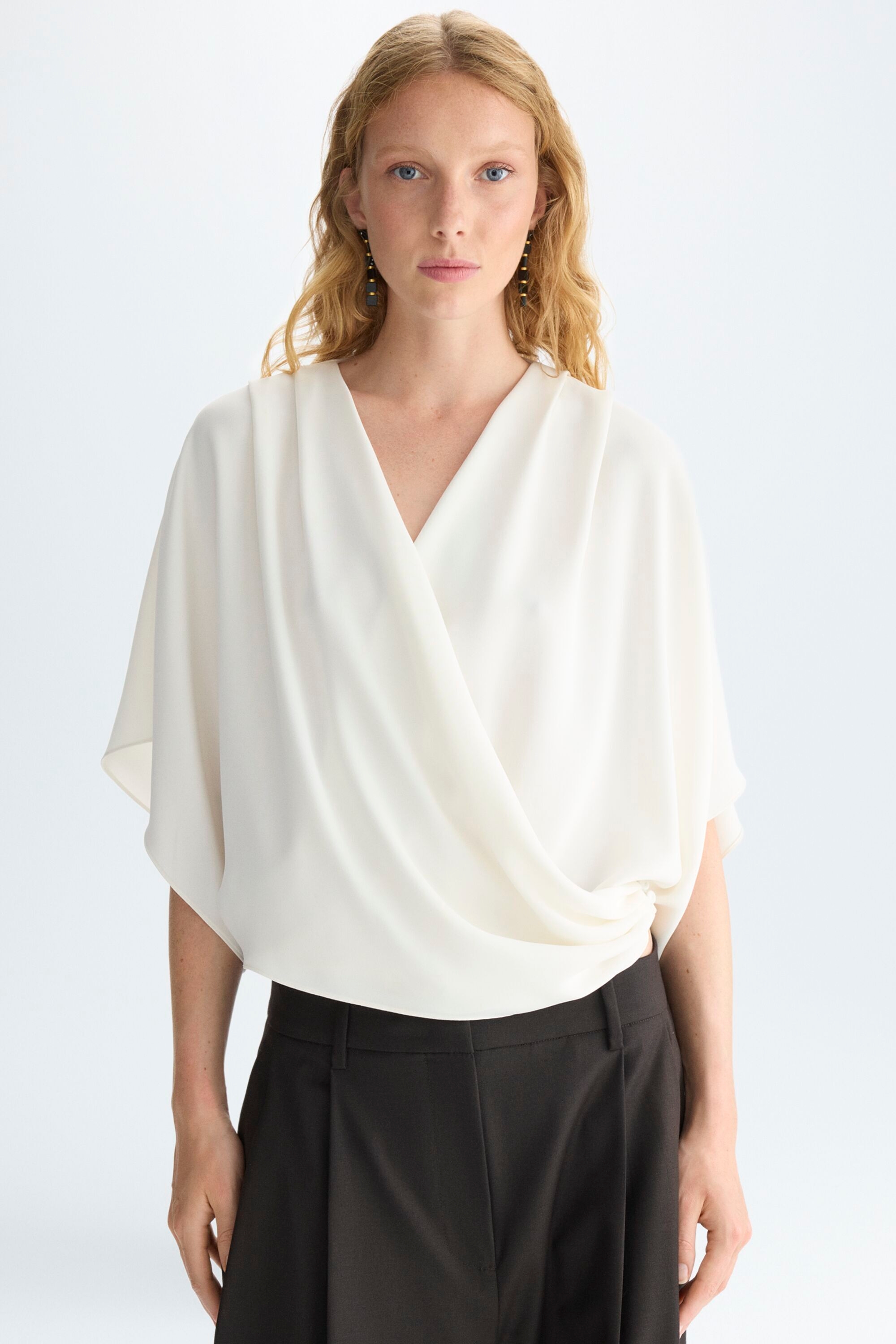Draped crepe wrap cocoon-fit top