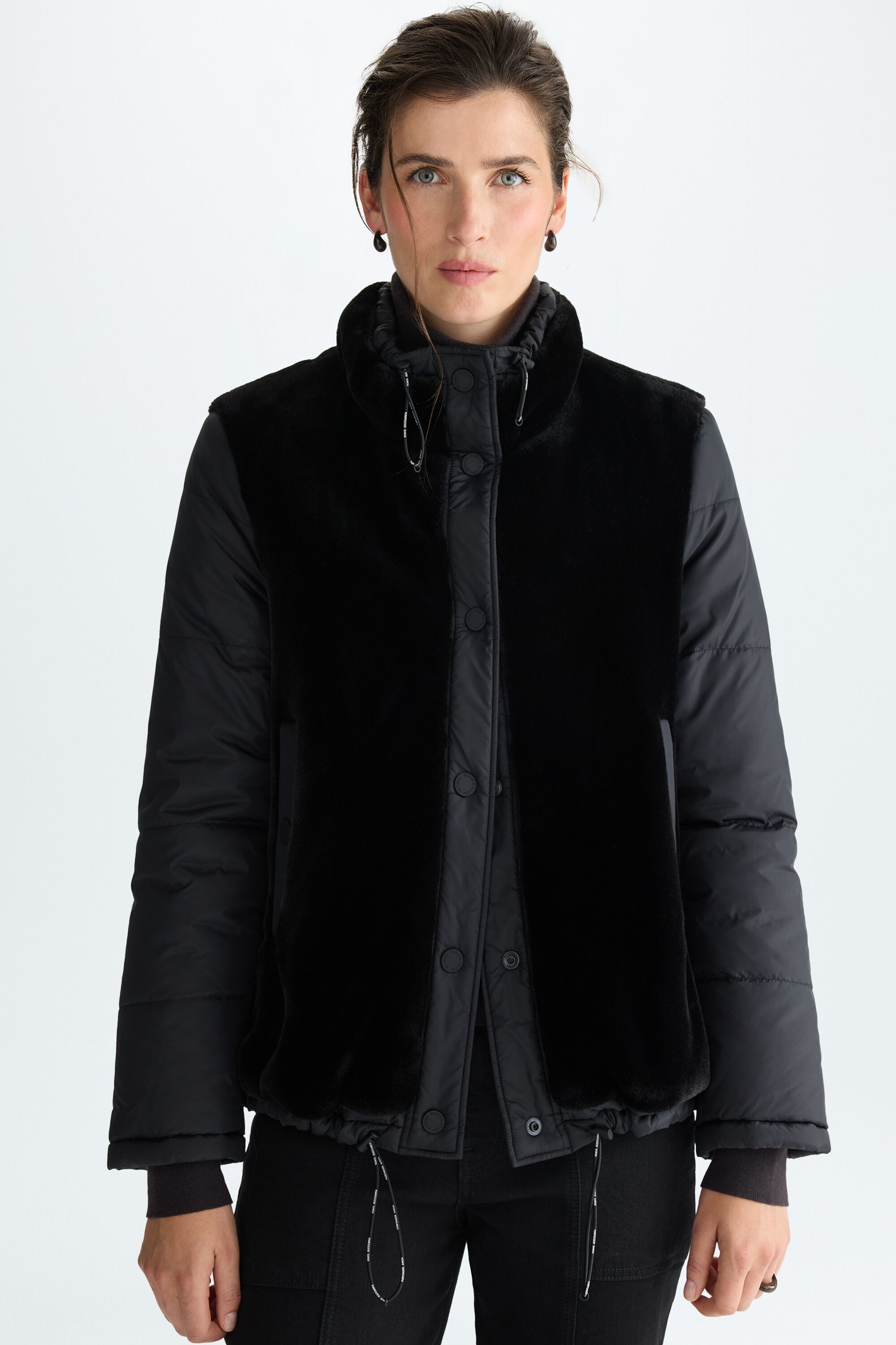 Faux fur quilted nylon reversible coat