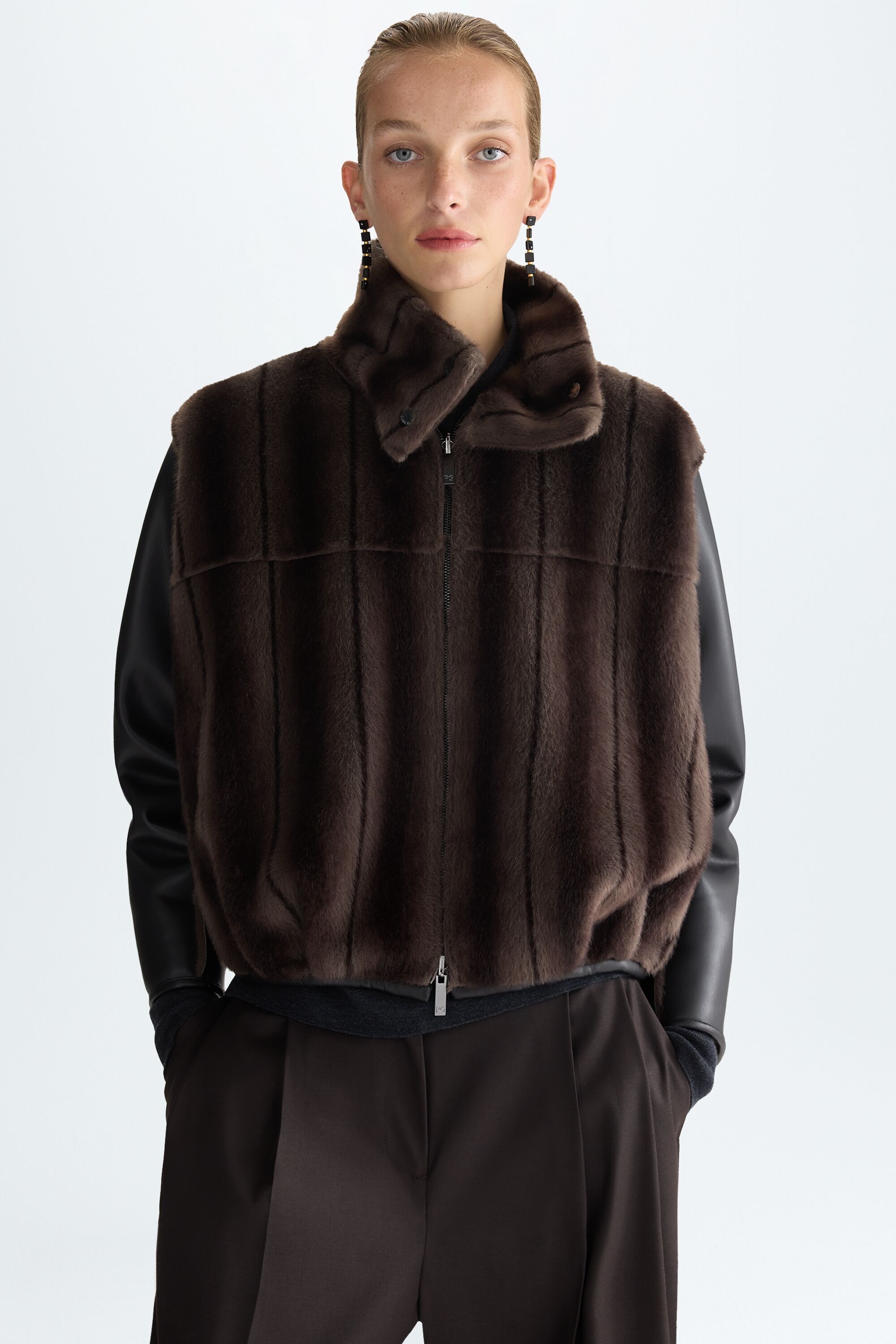 Faux-fur and faux-leather reversible bomber jacket
