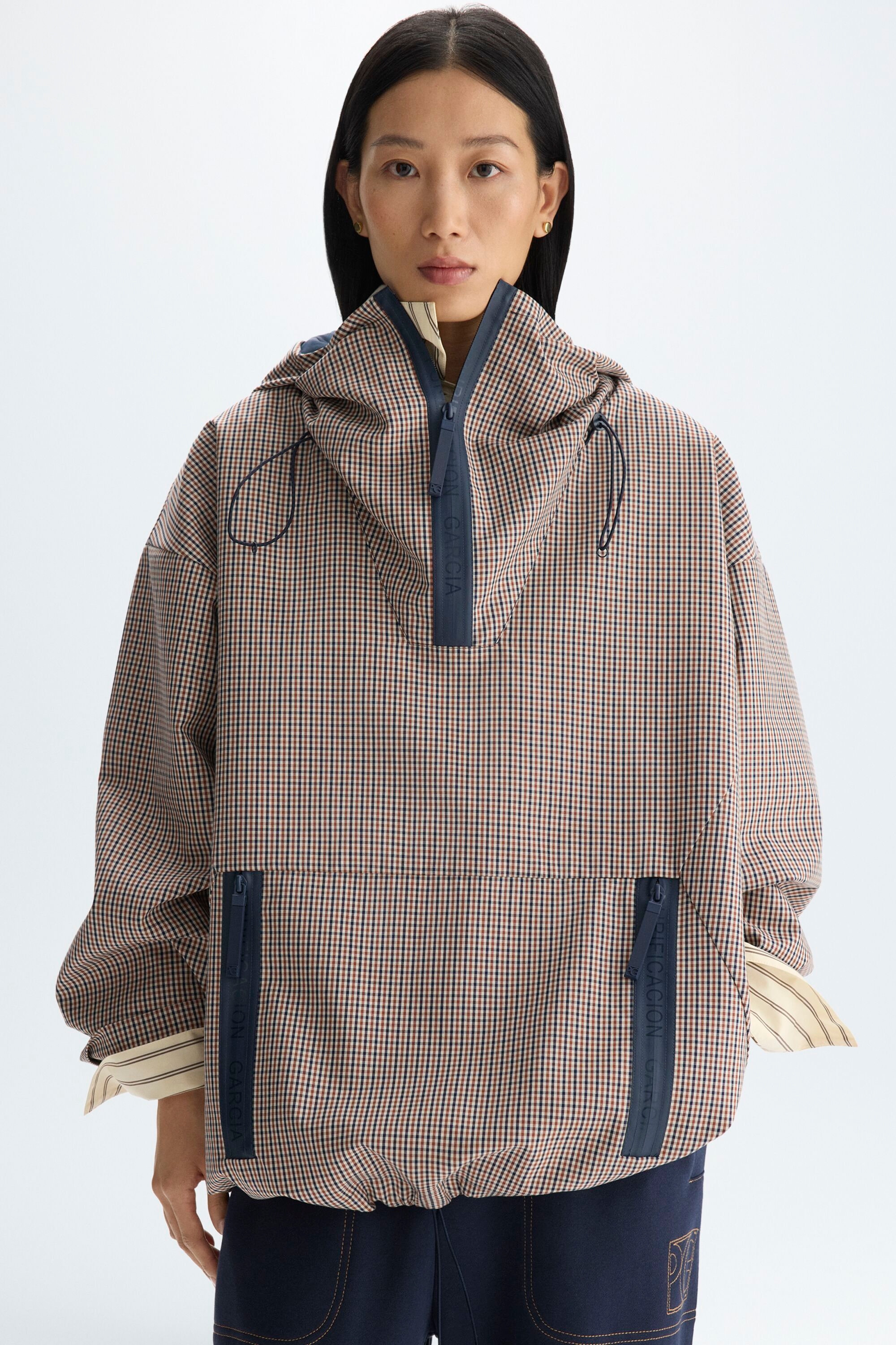 Hooded chequered technical cotton oversize coat