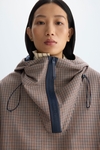 Hooded chequered technical cotton oversize coat