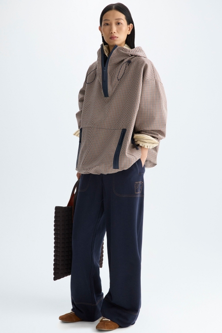 HOODED CHEQUERED TECHNICAL COTTON OVERSIZE COAT