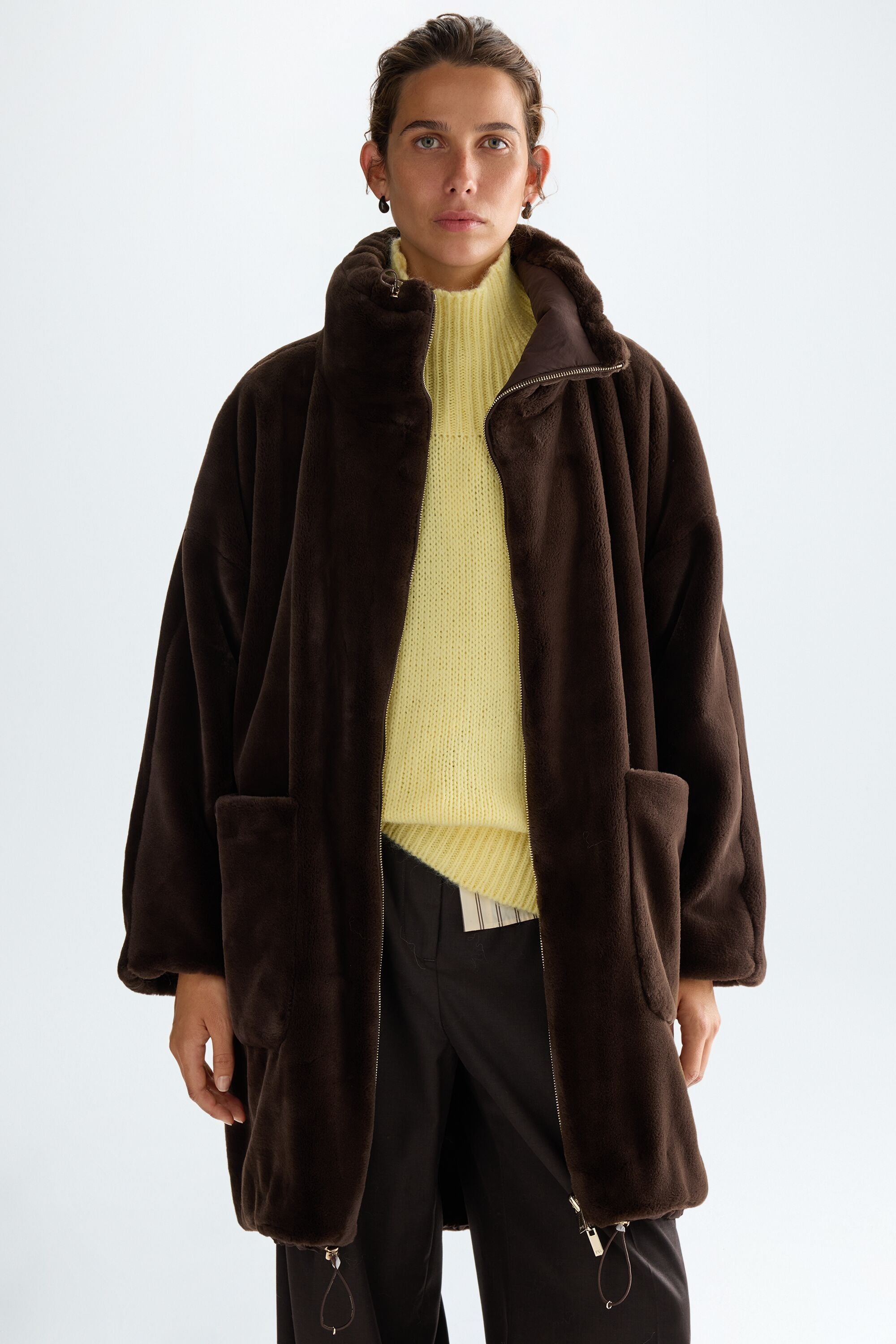 Faux-fur nylon reversible coat brown - Purificacion Garcia Luxembourg