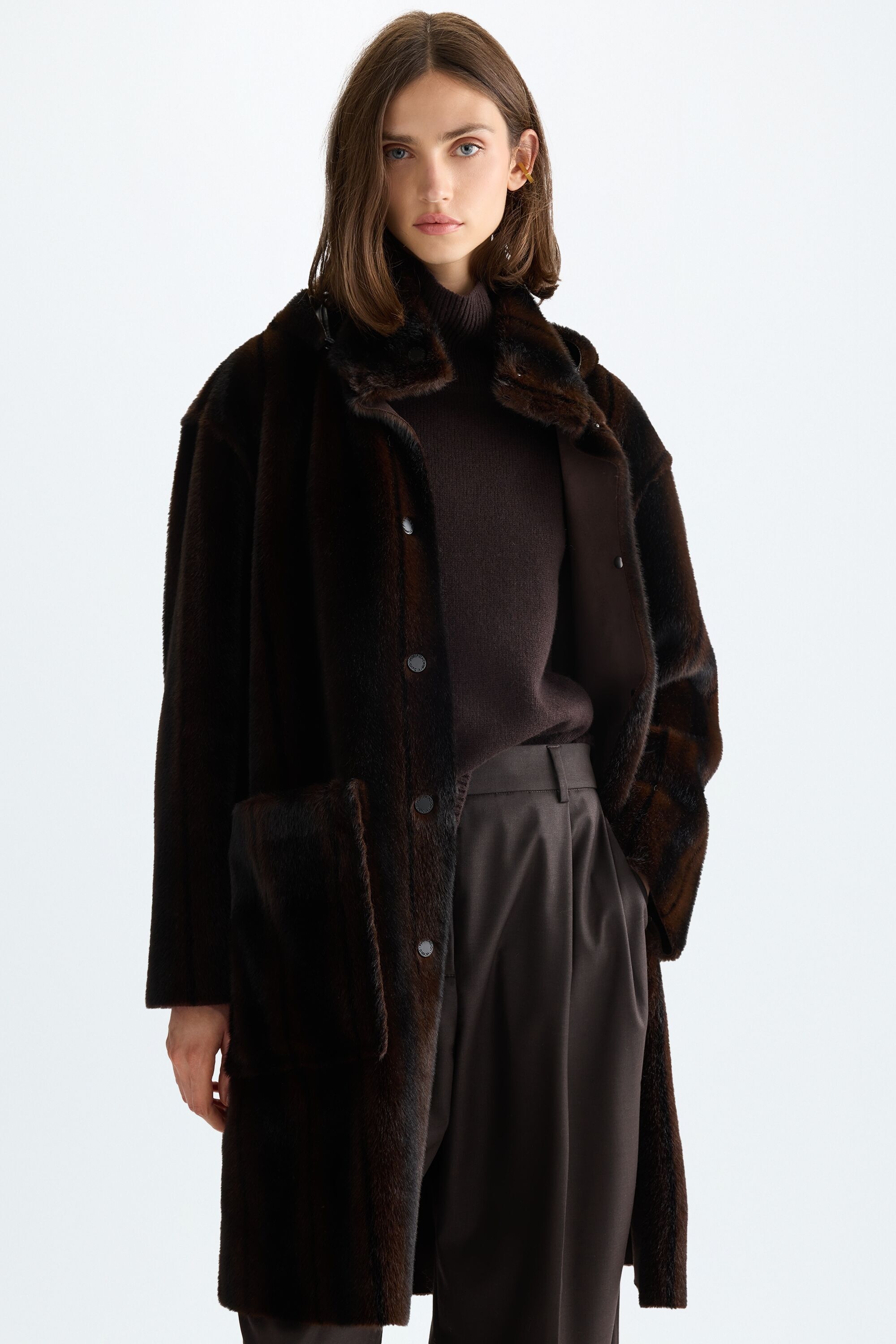 Double-faced faux-fur coat with detachable hood
