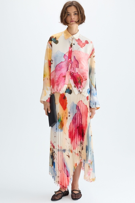 PRINT TWILL ASYMMETRIC PLEATED SKIRT