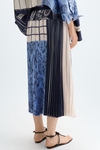 Denim patchwork print twill pleated skirt
