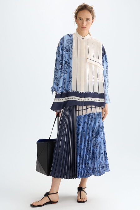 DENIM PATCHWORK PRINT TWILL PLEATED SKIRT