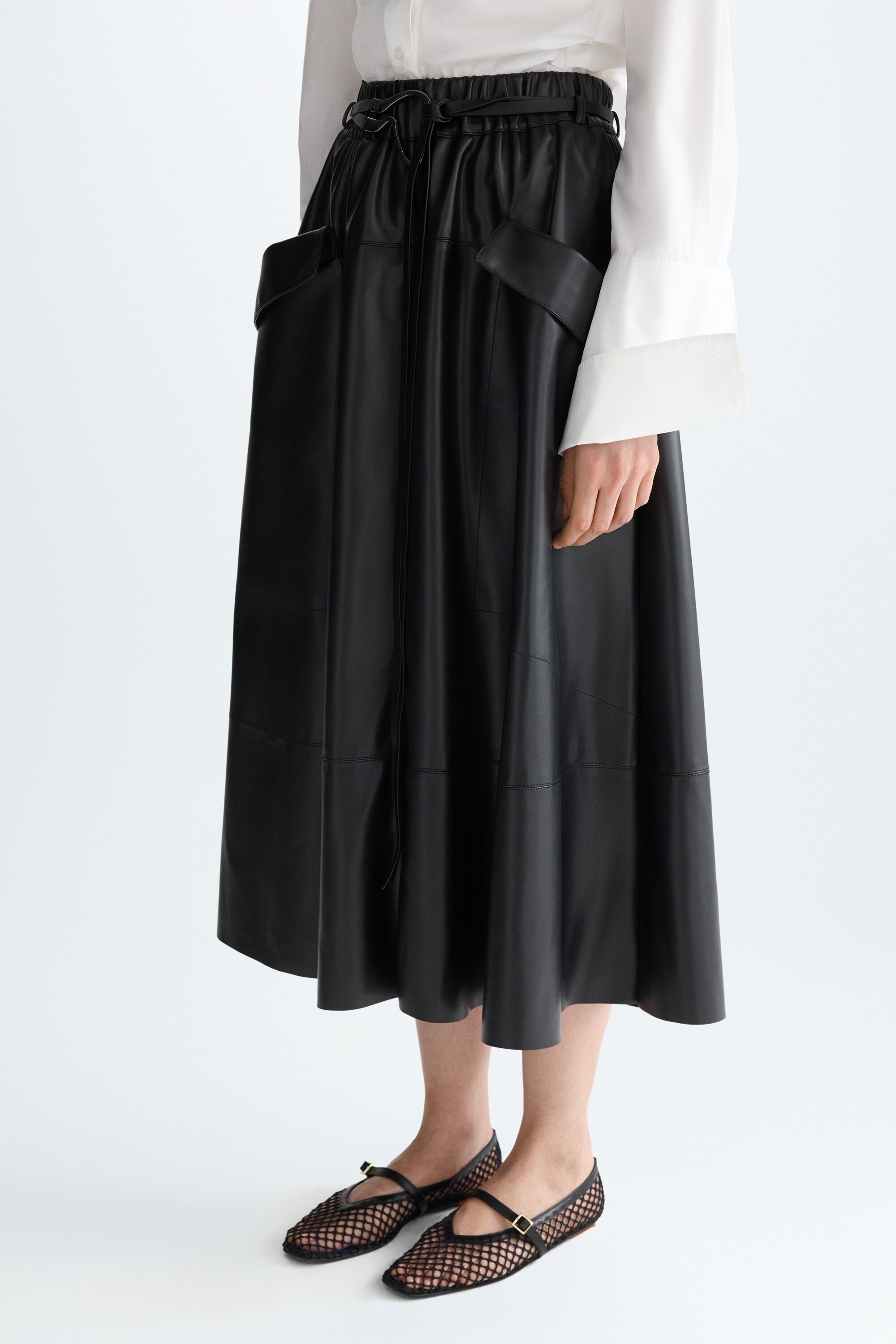 Faux-leather midi skirt with jewel belt