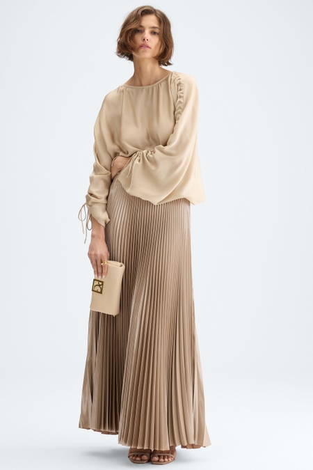 METALLIC CREPE LONG PLEATED SKIRT