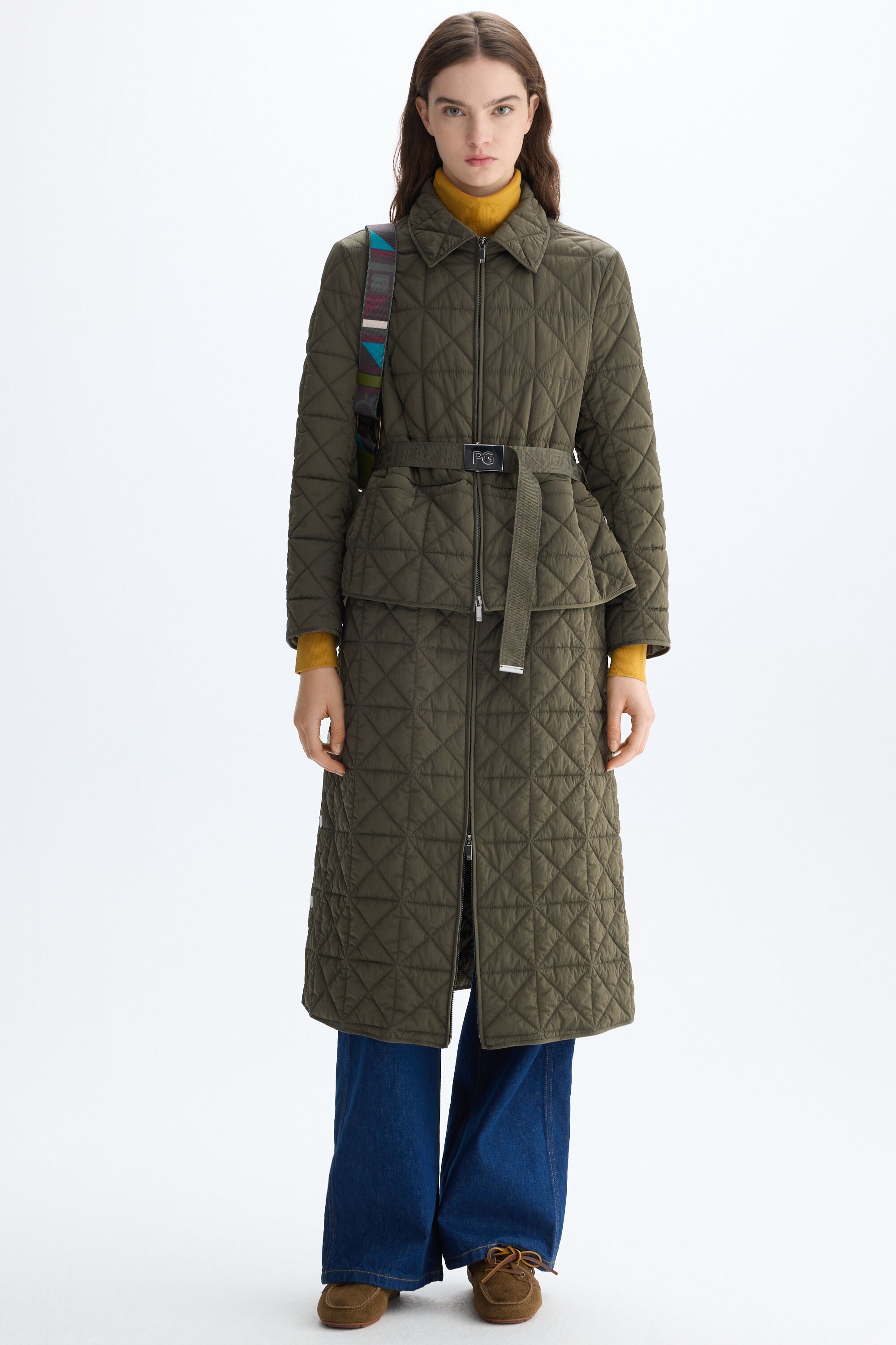 Origami-quilted nylon trench coat with detachable skirt