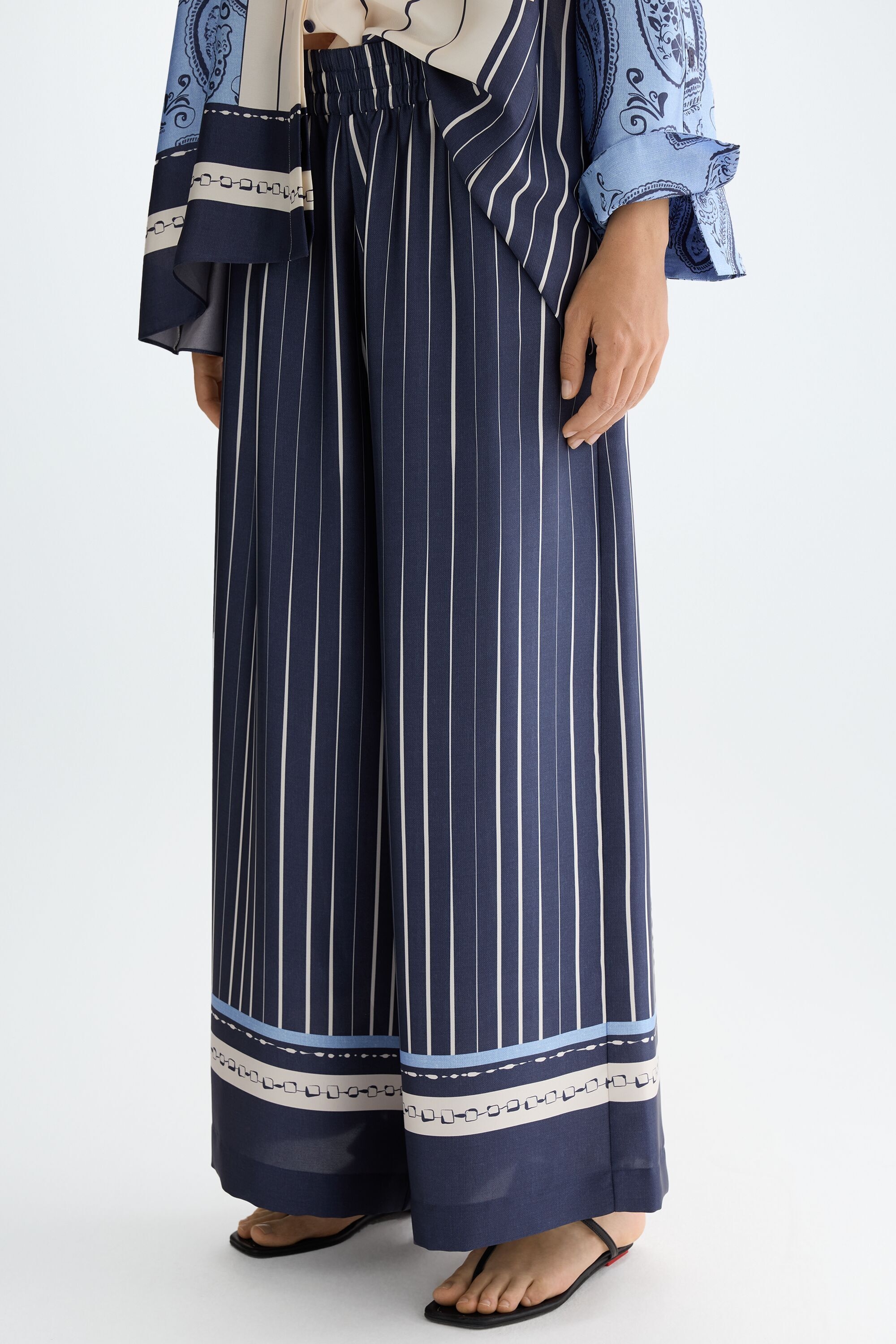 Denim patchwork print twill wide-leg trousers