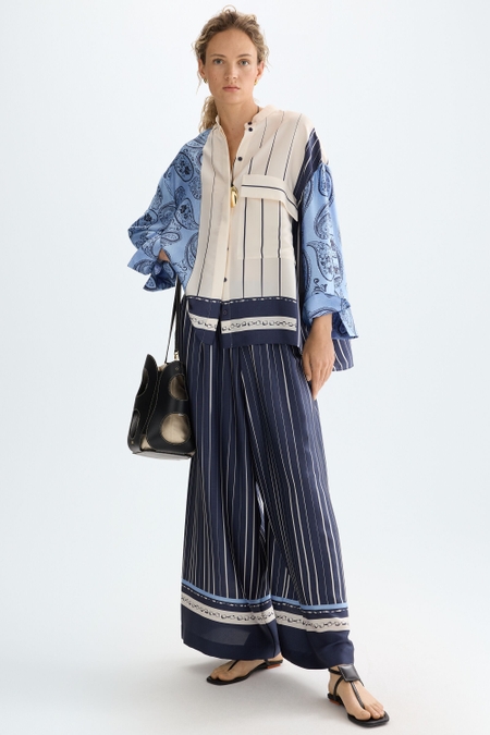 DENIM PATCHWORK PRINT TWILL WIDE-LEG TROUSERS