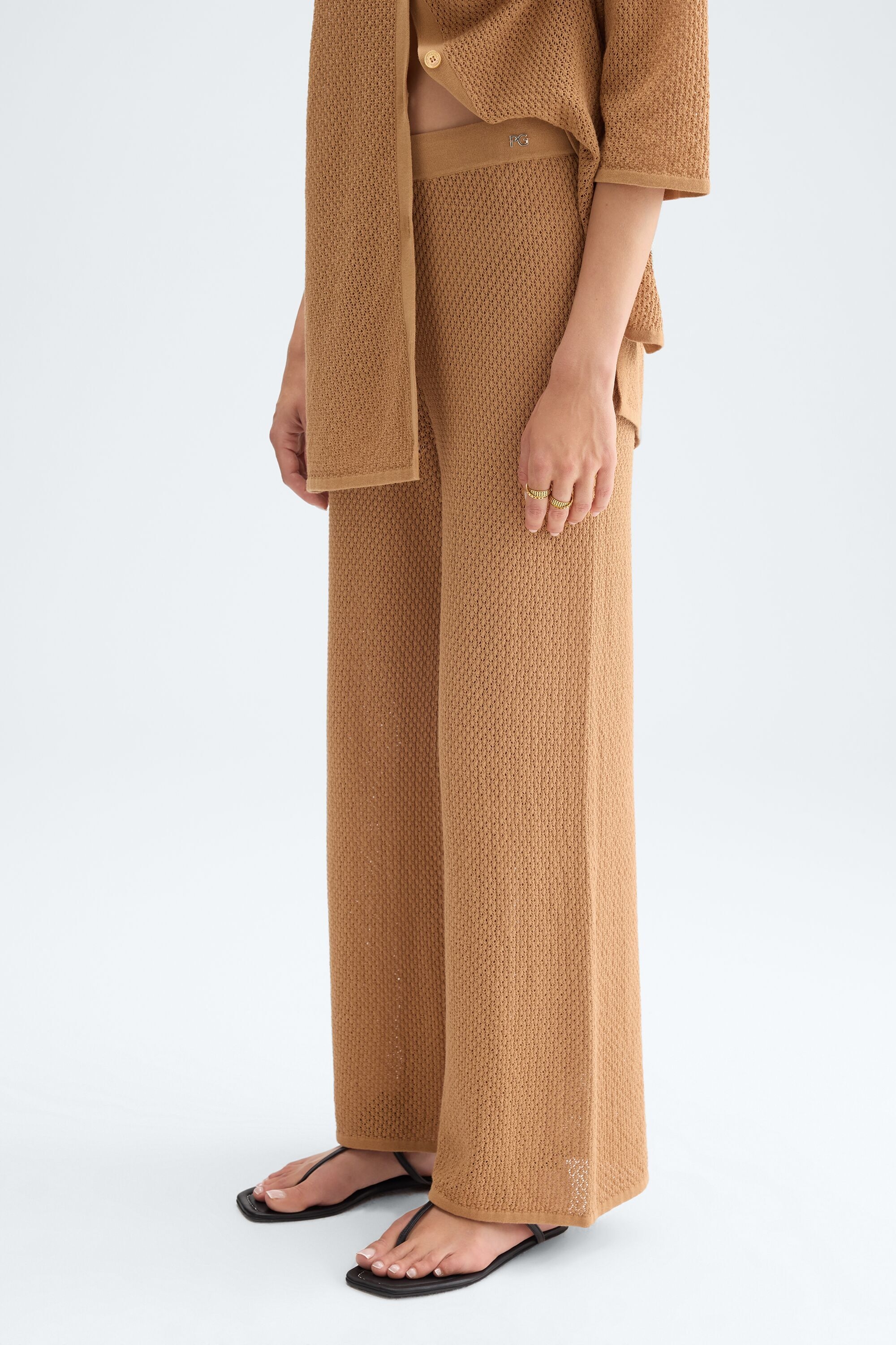 Cotton pointelle knit straight-leg trousers