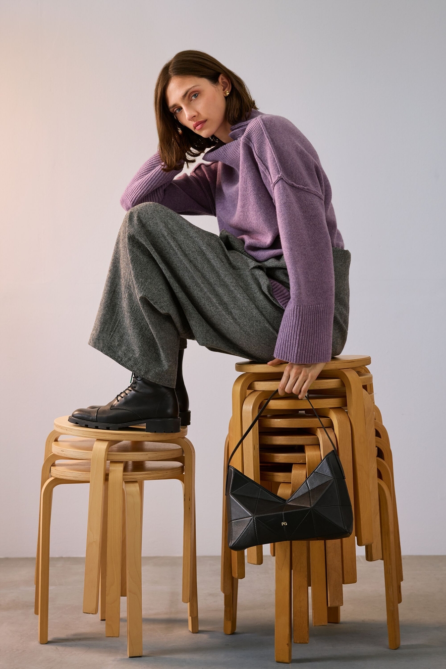 WOOL TWEED BARREL TROUSERS