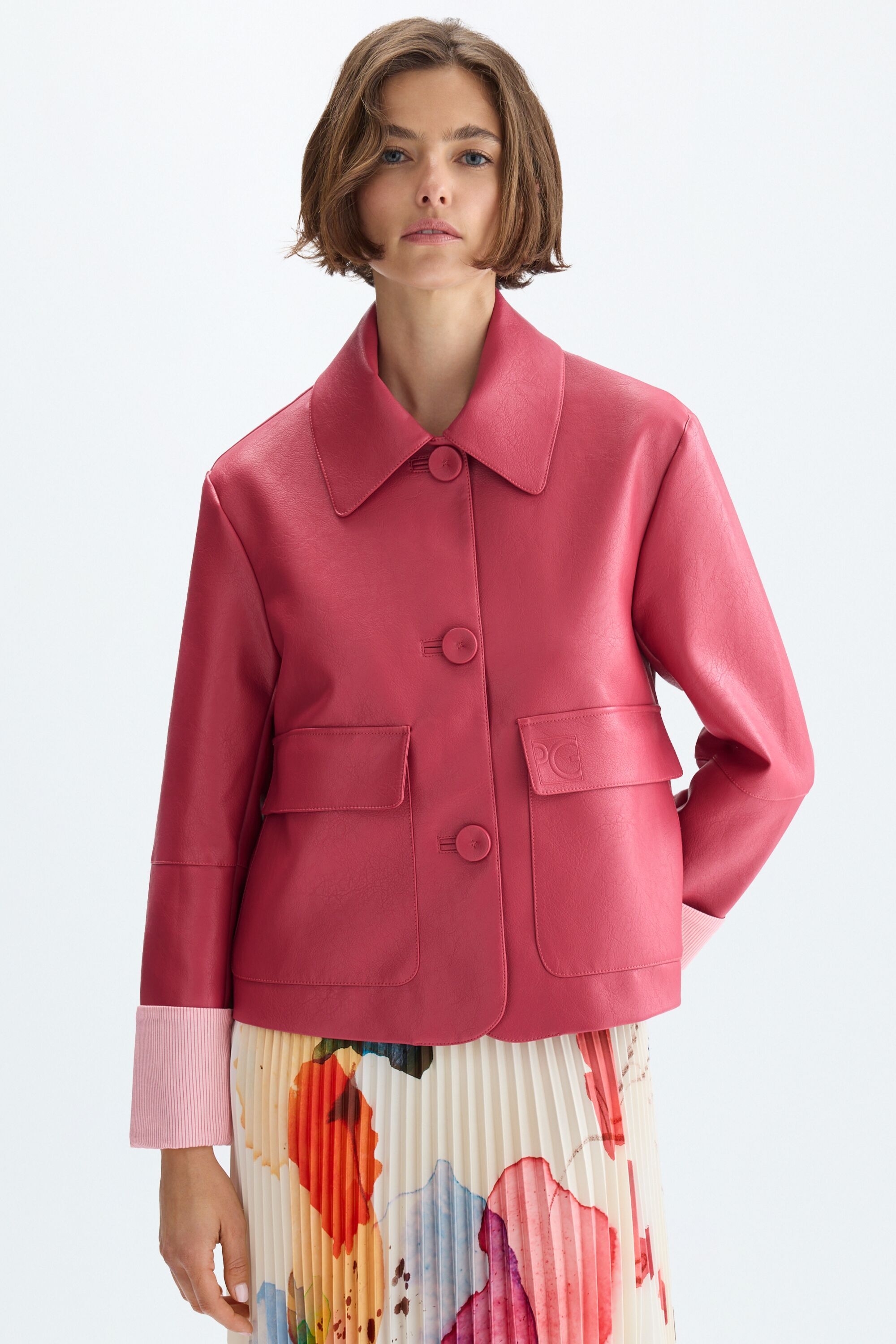 Faux-leather straight-fit short jacket