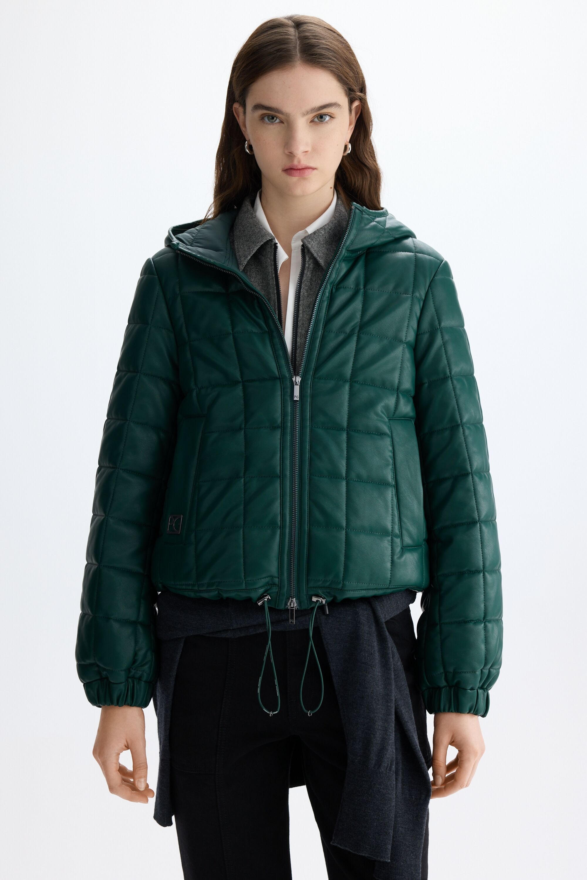 Hooded cube quilted faux-leather coat