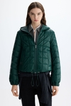 Hooded cube quilted faux-leather coat